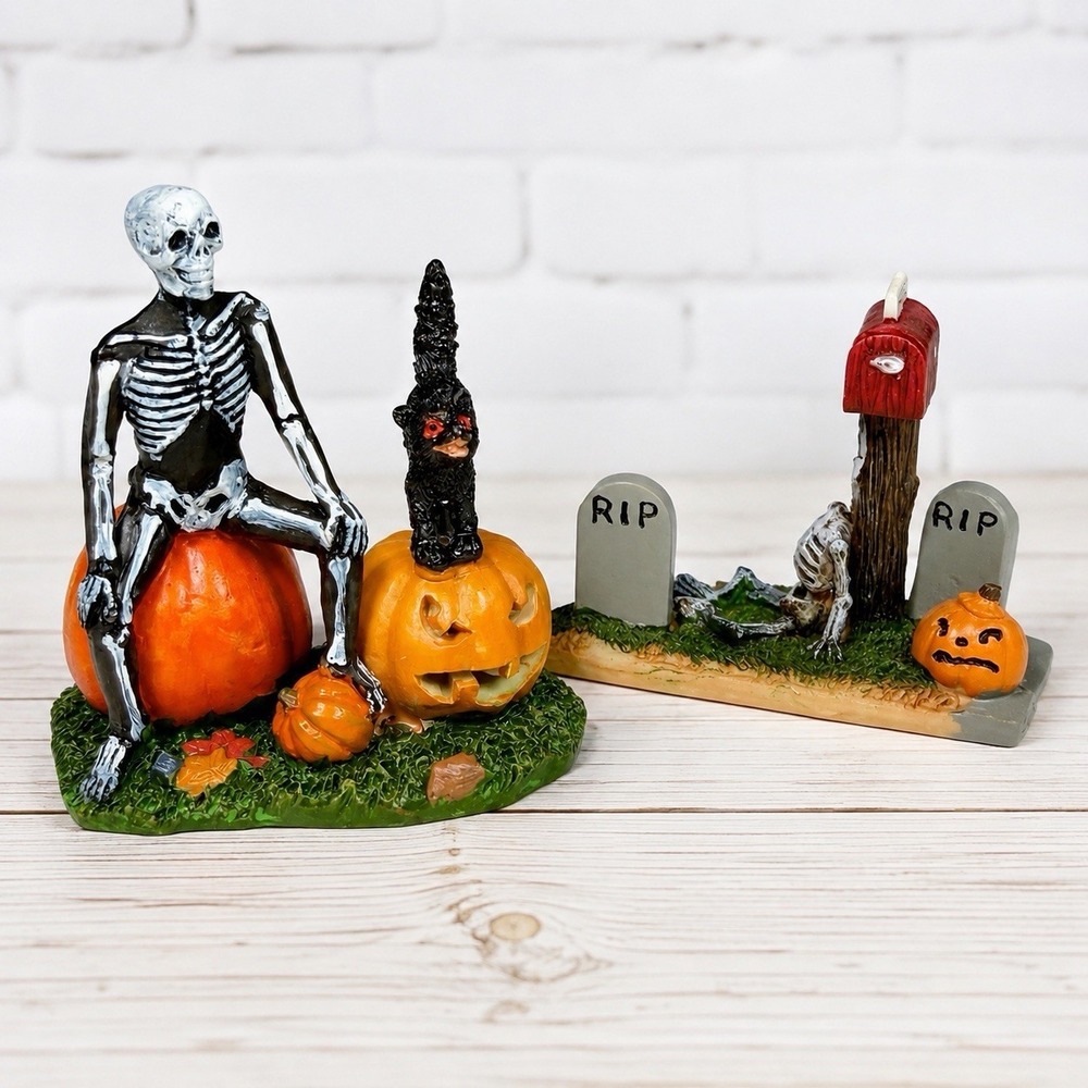 Lemax Spooky Town Halloween Companions Scary Mailbox Skeleton Retired Lot of 2